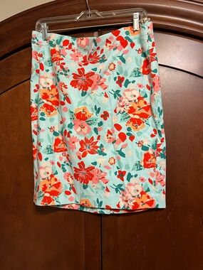 J. Crew Mint Floral Pencil Skirt with Coral and Pink, Red & Orange Blooms